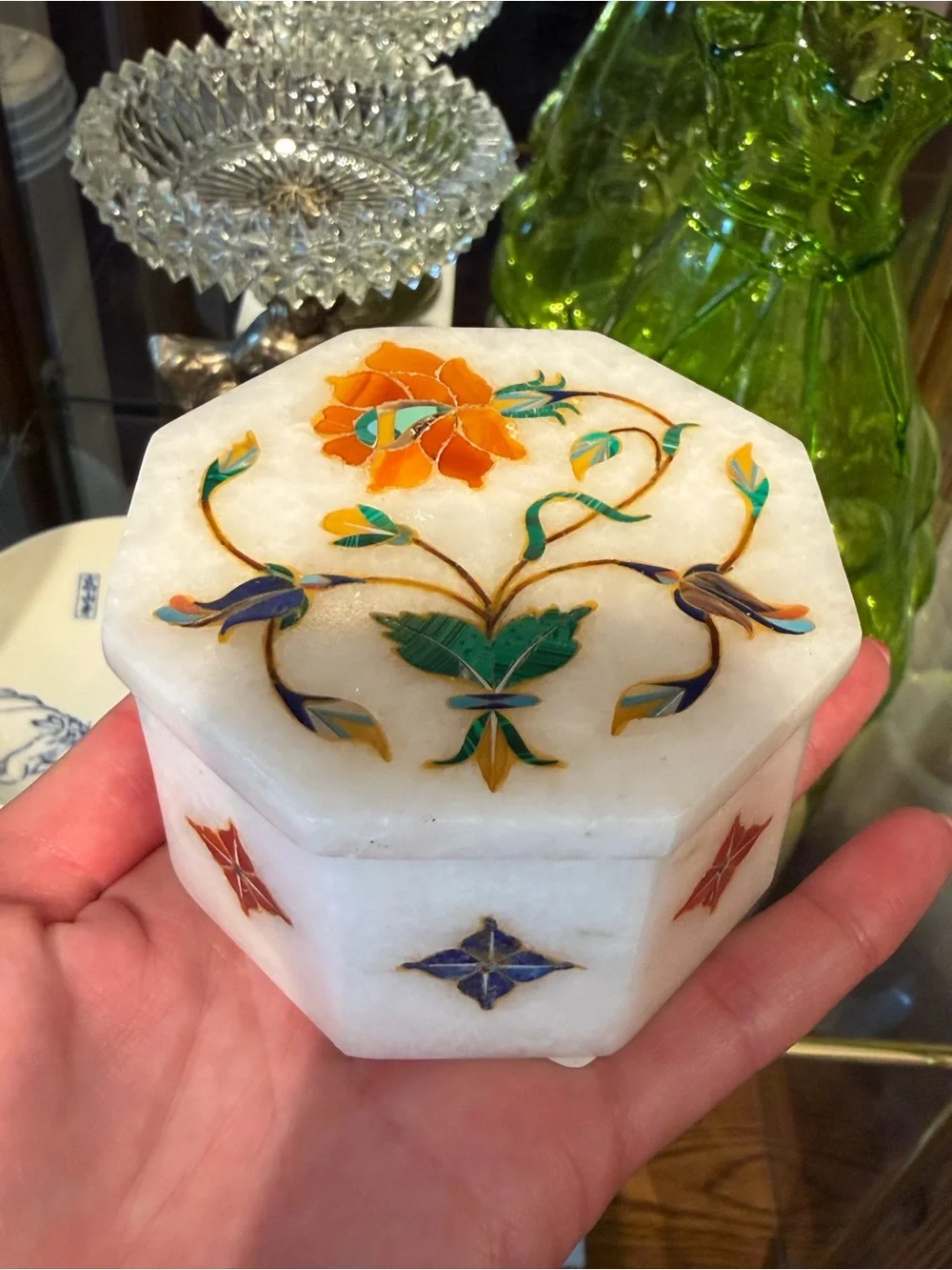 Vintage White Marble Hexagonal Jewelry Box with Colorful Floral Gemstone Inlay